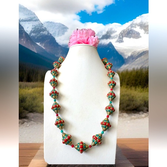 Chunky & Heavy Ethnic Style Tibetan Silver & Stones Beads Handmade Necklace 23in - Picture 1 of 9